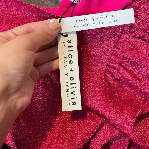 Alice + Olivia Issa Turtleneck Puff Sleeve Dress‎ Pink Glitter LG Wool Blend New